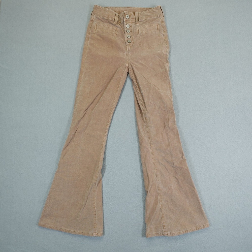 American Eagle Corduroy Pants Womens 0 Tan Super Hi-Rise Flare Stretch Boho